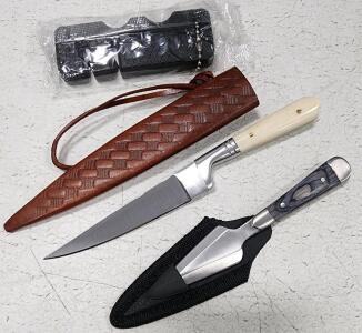 (1) Bone Medieval Toothpick Knife (1) Bosom Dagger Knife (1) Knife Sharpener