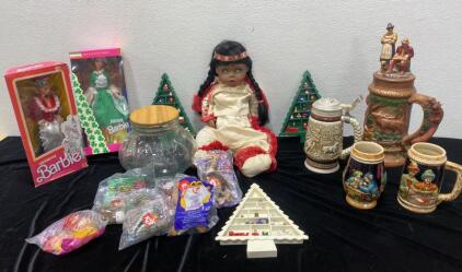 16&rdquo; Ceramic Stein / (2) Beautiful Mugs / Collectable Native American Doll / Two Vintage Barbies and More