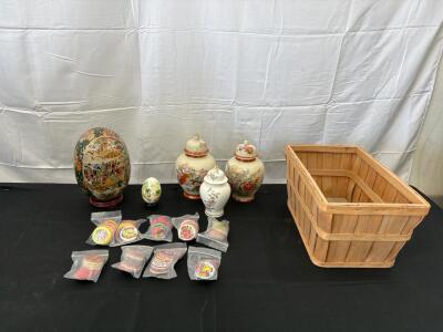 Decorative Ceramic Vase and Egg Set, Hand-Painted Floral and Bird Motifs