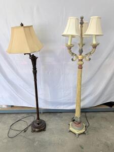 Pair of Ornate Floor Lamps: Bronze and Multicolor with Fabric Shades
