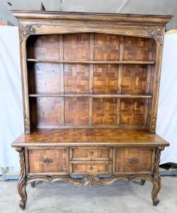 Ornate Vintage Hutch Cabinet, Solid Wood, 3 Shelves, 3 Drawers, 2 Doors