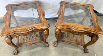 Pair of Traditional Wooden Side Tables with Glass Tops and Wicker Shelves