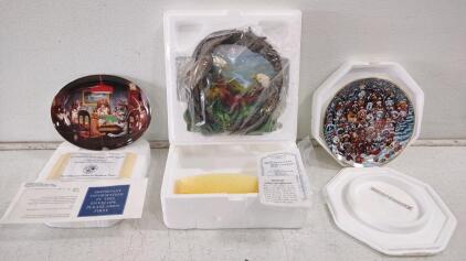 (1) 8" Vintage 1997 Hamilton Collection "Four Seasons of the Eagle" Decorative Plate- from the "Autumn Bounty" Issue- Featuring a 3D Figural Eagle & a Seasonal Scene, (1) 8" "Santa Paws" Collector Plate by Artist Bill Bell- Part of the Franklin Mint Heirl
