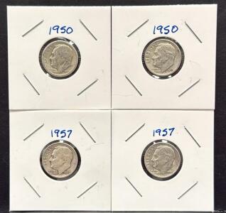 (4) 1950 & 1957 Roosevelt Dimes, 90% Silver, U.S. Mint