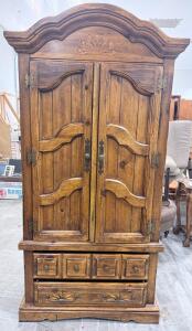 Rustic Wooden Armoire with Shelves and Drawers, Decorative Crown Molding