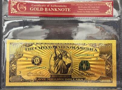 24K Gold-Plated Banknote, Miss Liberty Design, COA, 99.9% Gold