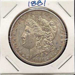 1881 Morgan Silver Dollar Coin, United States Mint, No Mint Mark