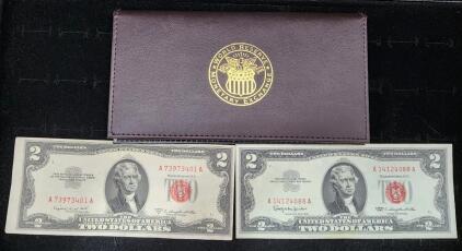 (1) 2003-A Series United States Two Dollar Federal Reserve Note (1) 1953-B Two Dollar Red Seal United States Note Off Set Print (1) 1963 Two Dollar Red Seal United States Note