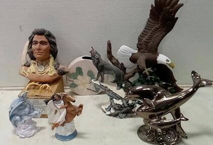 Lot Of Various Sized Indoor Statues. (5) Pairs Of Decorative Antlers ( Not real.)