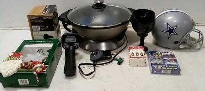 Breville Electric Wok (Turns On.) Kid's Metal Detector (Untested, No Batteries.) Elementals Wall Lantern. Plastic Cowboys Helemet. Rick And Morty Oversized Plastic Goblet. +More.