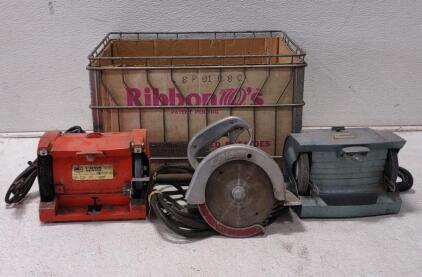 (2) 5" Bench Grinders (Both Turn On.) (1) Chicago Mall Saw (Turns On.) Heavy Steel Basket.