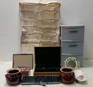 (2) Clay Crockpots. Wooden Display Case. Portable Clothing Rack. +More.