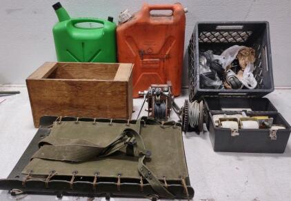 Vintage U.S. Military M1944 Packboard. (2) Manual Winches. Gas Can. Water Can. & Wheels, Wheels, Wheels.