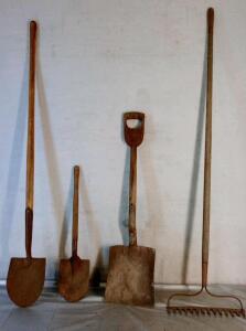 (4) Yard & Garden Hand Tools, (2) Round Nosed Shovels, (1) Flat Nosed Shovel & (1) Hard/Dirt Rake