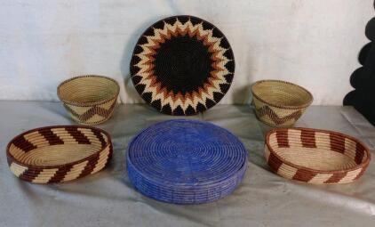 (5) Assorted Hand Woven Decorative Baskets & (1) Set Of (6) Hand Woven Placemats<br/>