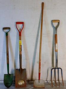 (4) Yard & Garden Hand Tools, (1) Round Nosed Shovel, (1) Flat Nosed Shovel, (1) Scraper & (1) Pitchfork