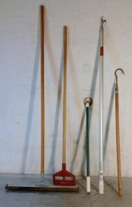 (5) Hand Tools, (1) Floor Squeegee, (1) Mop Handle, (1) Magnetic Pickup Tool, (1) Hooked Extension Pole & (1) Gaff Pole