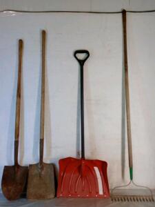 (4) Yard & Garden Hand Tools, (1) Round Nosed Shovel, (1) Flat Nosed Shovel, (1) Snow Shovel & (1) Hard/Dirt Rake