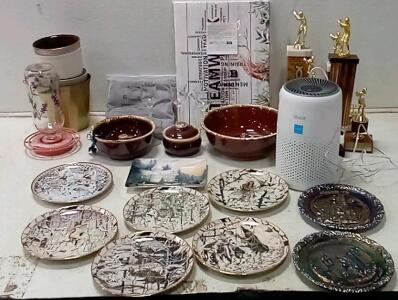(9) Diane Casey Native American Plate Collection. (3) Clay Pots. Levoit Air Purifier. (5) Fenton Metal Decorative Plates. + More.
