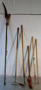 (6) Yard & Garden Hand Tools, (1) Pole Saw, (1) Garden Hoe, (1) 4-Tine Garden Rake, (1) Manual Weed Trimmer & (2) Dandylion Weeders