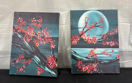 Moonlit Cherry Blossoms Canvas Paintings, Acrylic, 12"x16"