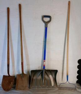 (4) Yard & Garden Hand Tools, (1) Round Nosed Shovel, (1) Flat Nosed Shovel, (1) Snow Shovel & (1) Hard/Dirt Rake