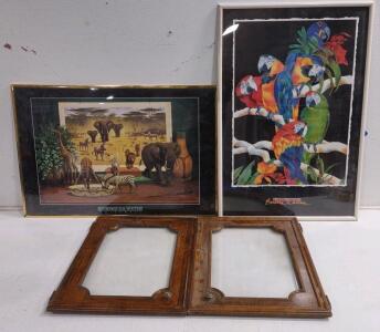 25"x 37" Framed Art Print Titled "Midnight Macaws" by Artist Barbara Wallace, (1) 36"x 24&frac12;" Framed Art Print Titled "Coming to Water" by Artist Bo Newell, (2) 18"x 25&frac12;" Vintage Cabinet Doors w/ Glass Window Panes