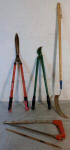 (4) Yard & Garden Hand Tools, (1) Pair Of Hedge Shears W/ Extendable Handles, (1) Pair Of Long Handled Limb Loppers, (1) Sickle & (1) Folding Bow Saw W/ (2) Blades