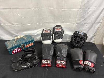 Assorted Boxing Gear, Shoes, And Small Blue Box