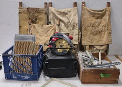 2.4 HP SkilSaw 5500. (4) Vintage Hard Frame Packs. Box Of Closet Shelves. +More.