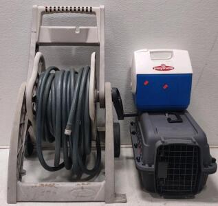 Garden Hose Reel With Hose. Cat Carrier, Playmate Cooler (Looks Clean.)