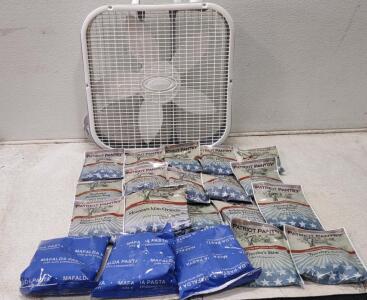 (17) Assorted Patriot Pantry Ready To Cook Meals. (3) Mafalda Pasta. Lasko Fan (Works.)
