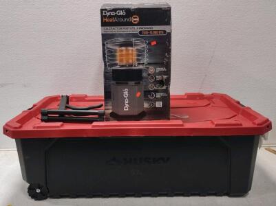 Husky 57 Gallon Pro Grip Storage Container. Dyna-Glo 10K BTU 360⁰ Propane Heater (Looks New In Box.)