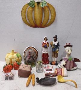 Lot Of Fall Decorations. Ceramic Turkey (Needs Glue On Foot.) Tin Turkey. Wooden Pilgrim Statues. Ceramic Pumpkin Candy Bin. Steel Turkey Candy Dish. + More.