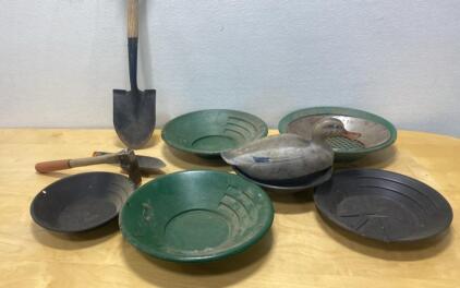 Gold Panning Lot and a Duck - (6) Gold Pans / Plastic Duck / Shovels