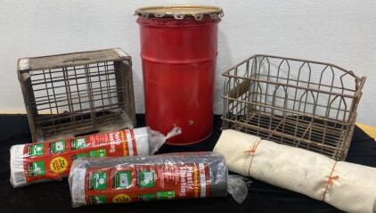 (2) Unused Plastic Sheeting 10&rsquo;x25&rsquo; / Vintage Milk Crate / Red Metal Barrel