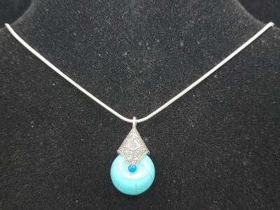 (1) Tibetan Silver Wrapped Turquoise Ball .925 Necklace