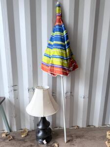 Black Table Lamp with White Shade, Multi-Colored Beach Umbrella