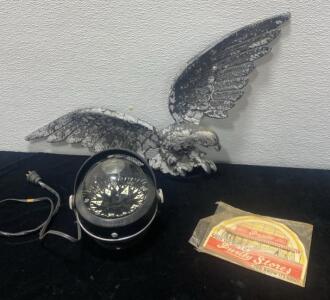 Ritchie Marine Compass, dimensions approximately 4.5 inches (11.43 cm) diameter, weight approximately 1.5 lbs (0.68 kg), metal and glass construction, gimbal mount / Metal Eagle Wall Display<br/>