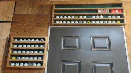 ( Offsite )Large Mixed Golf Ball Collection w/2 Wooden Display Racks &ndash; 65 Balls w/Promos, Vintage, Boxed