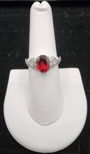 (1) Size 6 Oscar Friedman Oval Red Garnet And Diamond .925 Ring