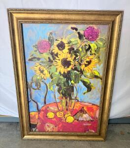 Framed Oil Painting by Doug Neal with Sunflowers, 36"x24" Approx.