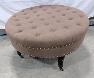 Round Tufted Ottoman, Brown, with Casters and Nailhead Trim