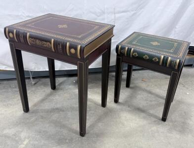 Book-Themed Side Tables, Set of 2, Wood, Green & Brown, Decorative