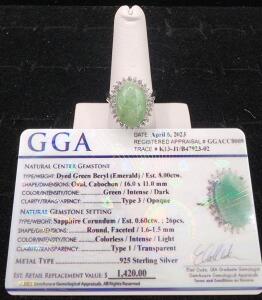 (1) Size 7 Dyed Green Beryl Oval Cabochon Emerald .925 Ring W/ GGA Card