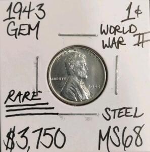 1943 Lincoln Wheat Cent, Steel, MS68 Grade, World War II Era