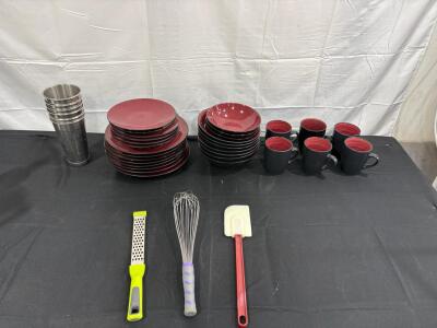 Black and Red 31-Piece Ceramic Dinnerware Set with Utensils, & Milkshake Cups