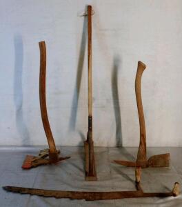 (4) Vintage Hand Tools, (1) Hay Knife, (1) Woodworking Adze, (1) Manual Weed Cutter & (1) Pickaxe