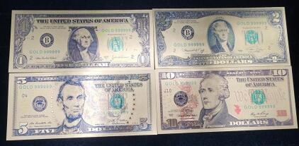 (1) 24k Gold-Plated One Dollar United States Banknote Collectible (1) 24k Gold-Plated Two Dollar United States Banknote Collectible (1) 24k Gold-Plated Five Dollar United States Banknote Collectible (1) 24k Gold-Plated Ten Dollar United States Banknote Co
