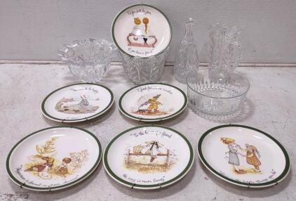 Lot Of Time Crystal Serving Bowls & Vases. (6) Holly Hobbie Decorative Plates With Wall Hangers.